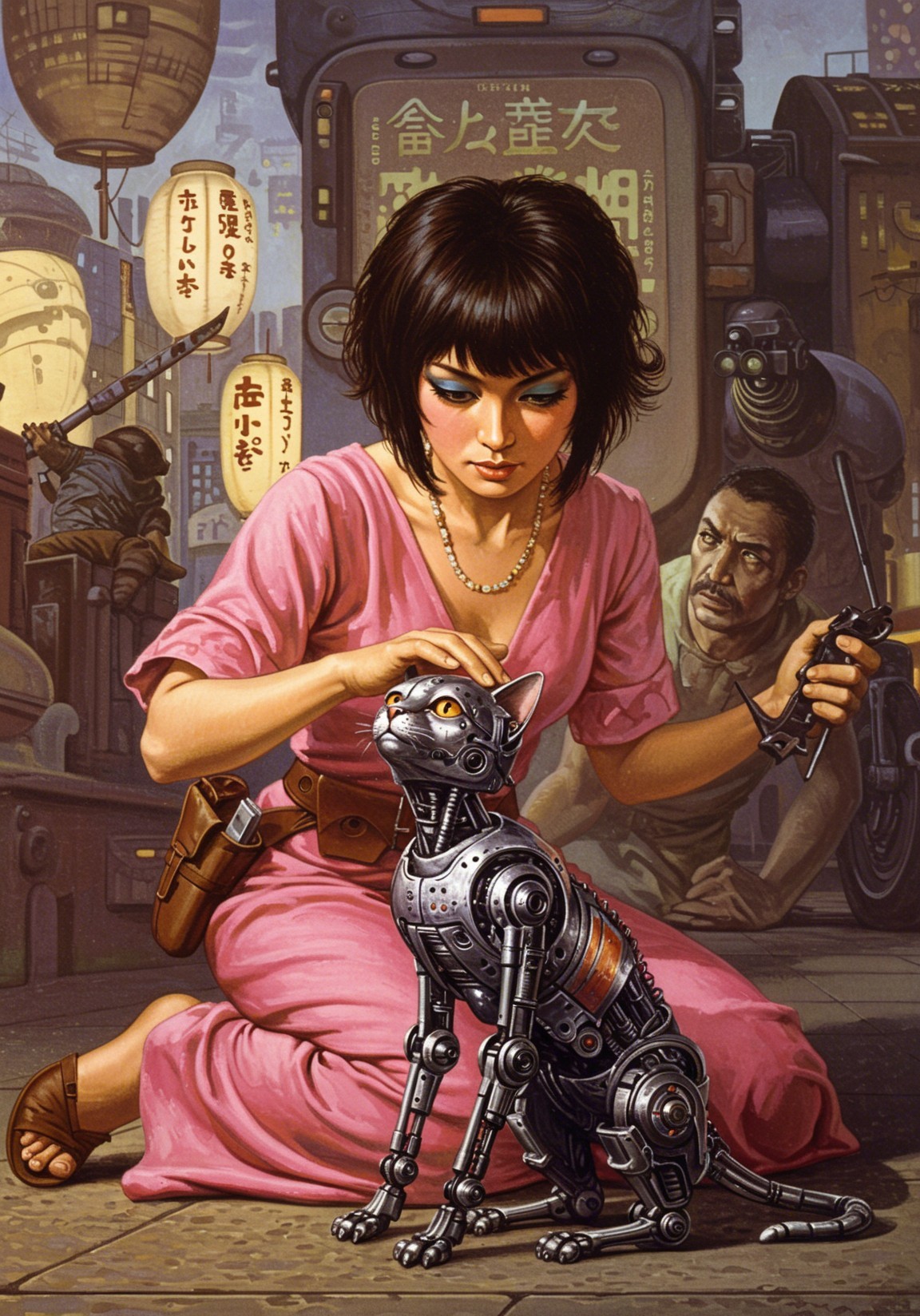 Futuristic cityscape with woman and robotic cat