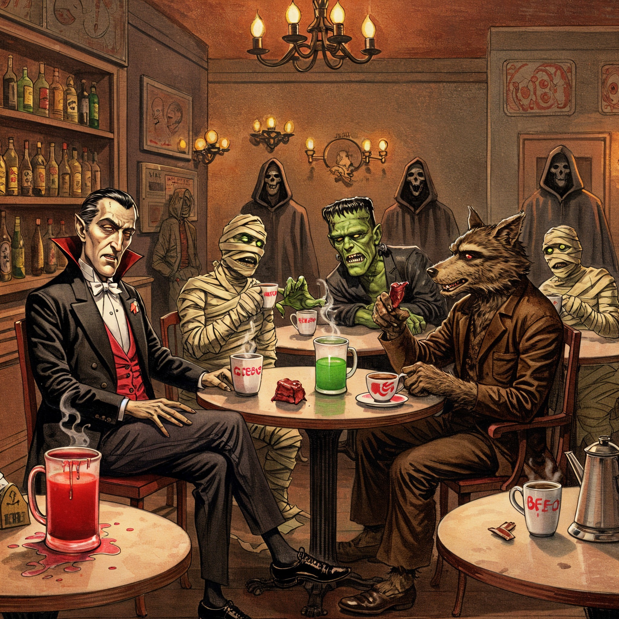 Monsters Gather in Dimly Lit Tavern Setting