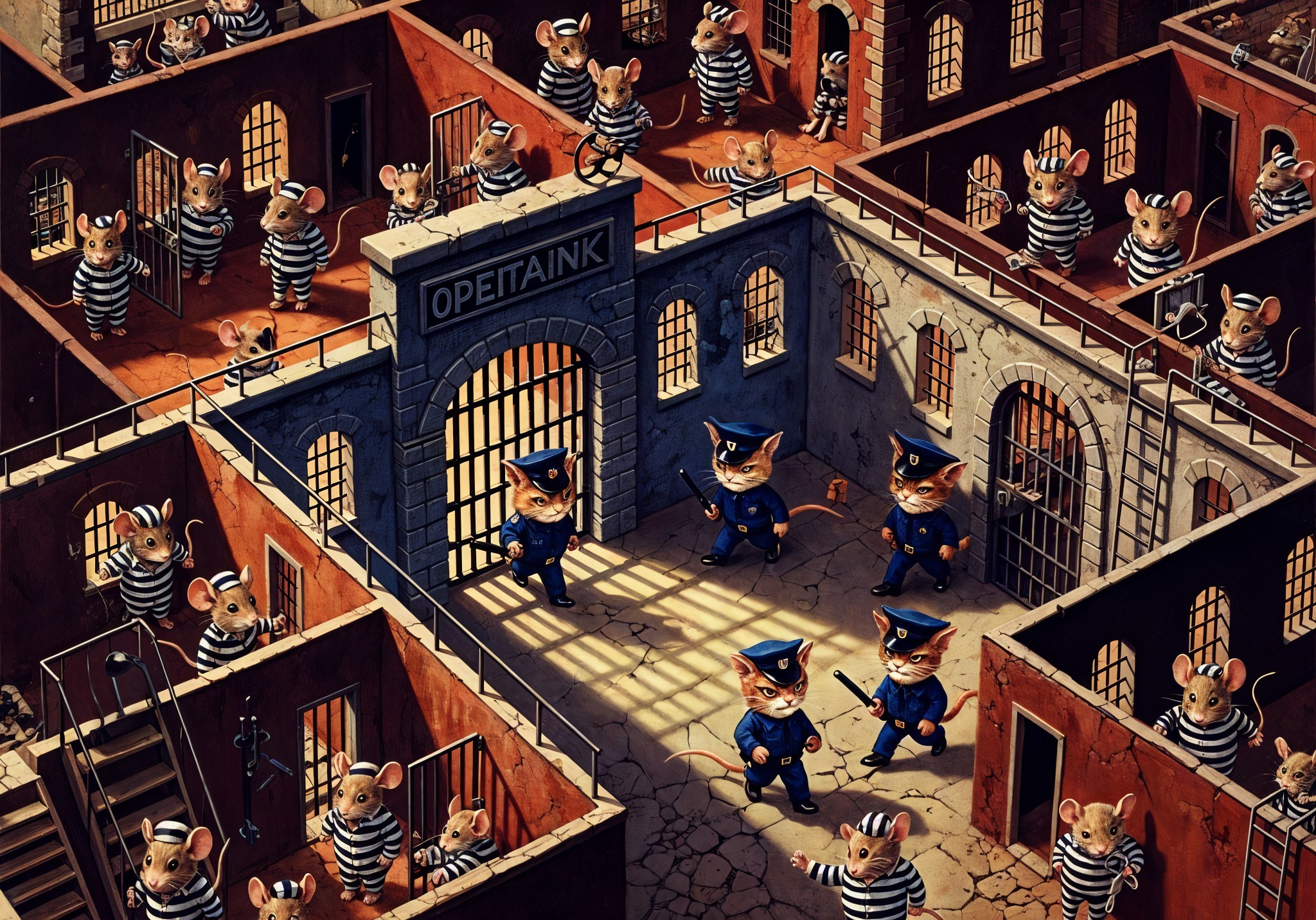 Whimsical Cartoon Prison Scene with Mice Characters