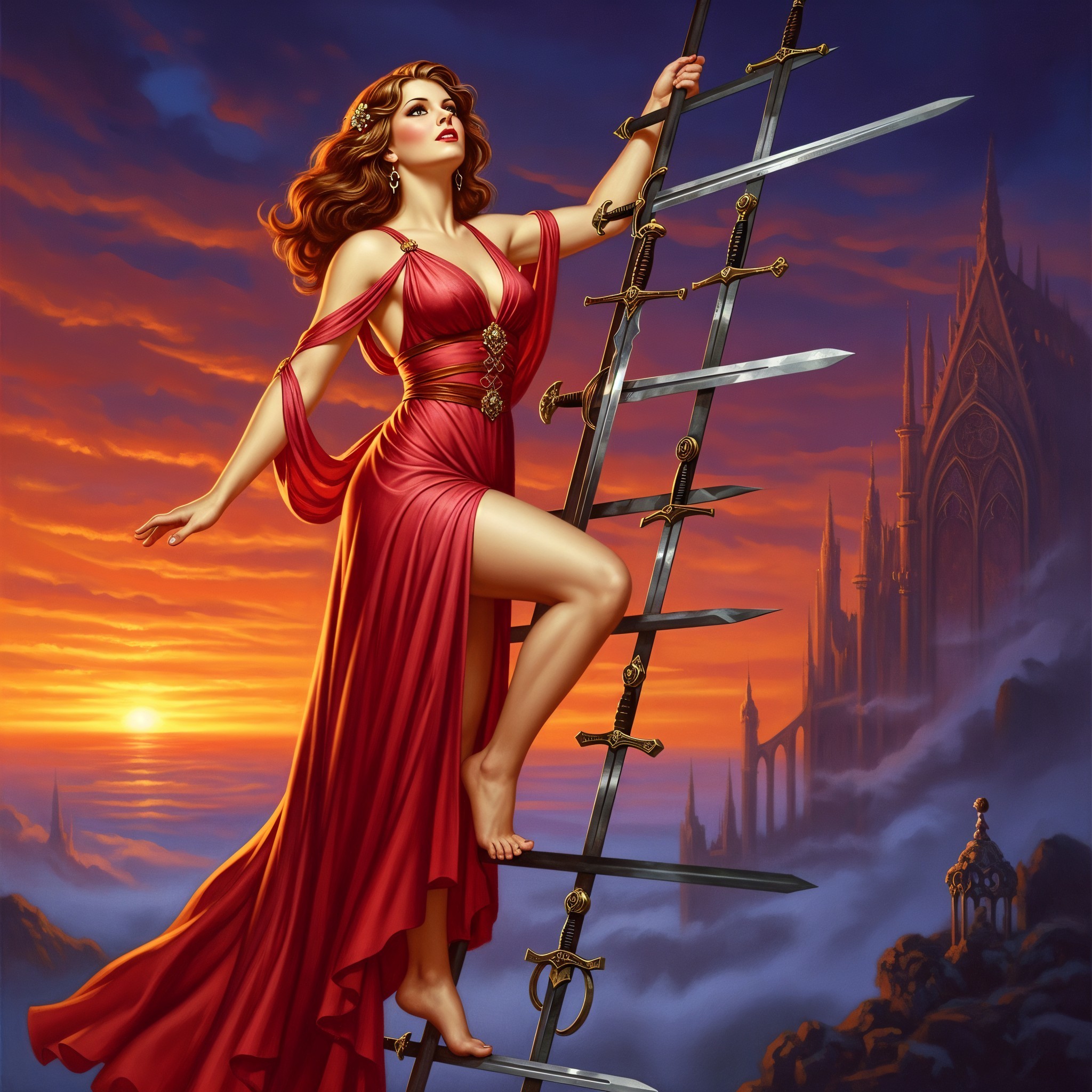 Woman in Red Dress on Staircase of Swords