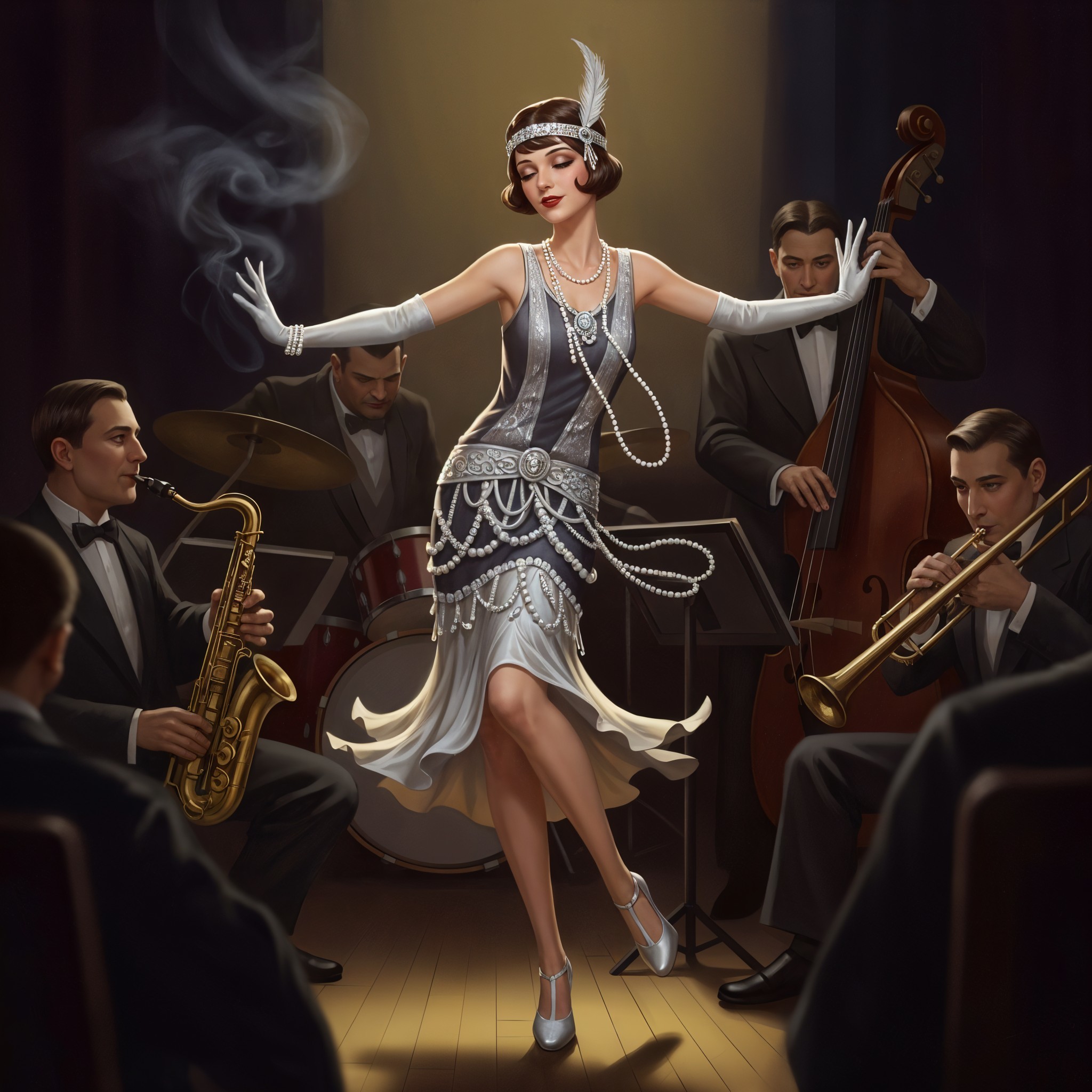 1920s Jazz Singer in Elegant Silver Dress on Stage