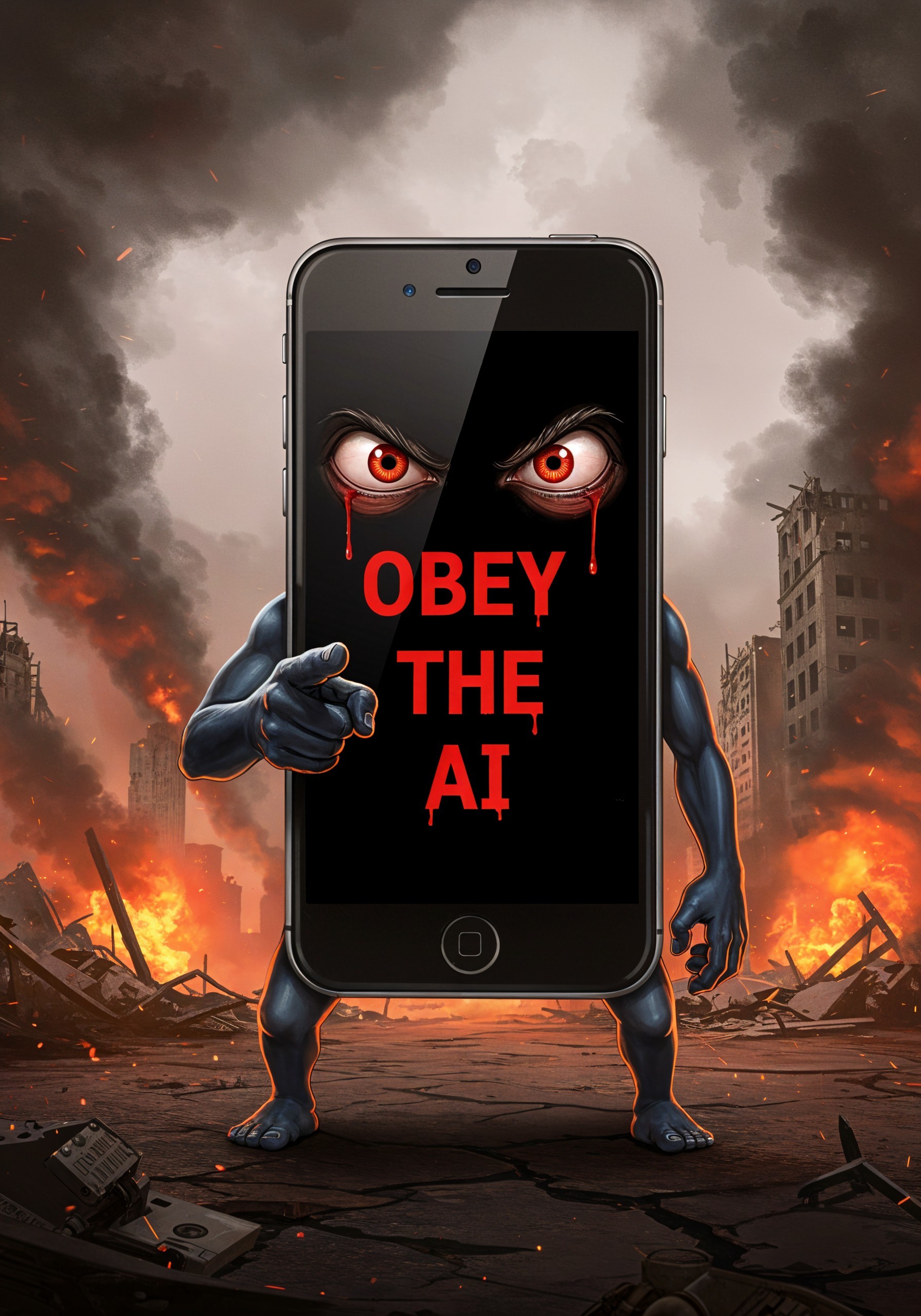 Muscular Blue Creature in Dystopian Cityscape
