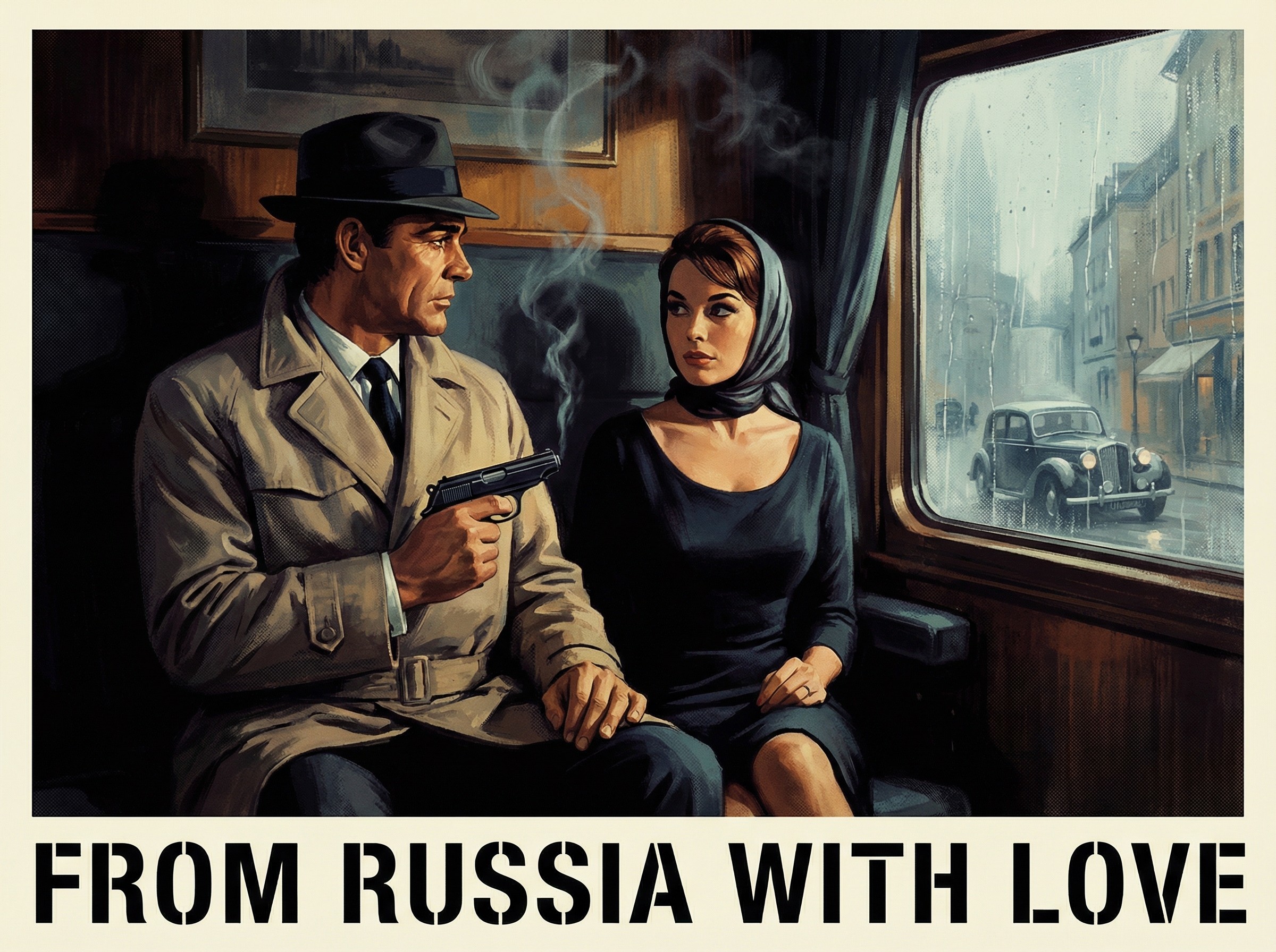 Rugged Male Spy and Woman in Train Car Poster