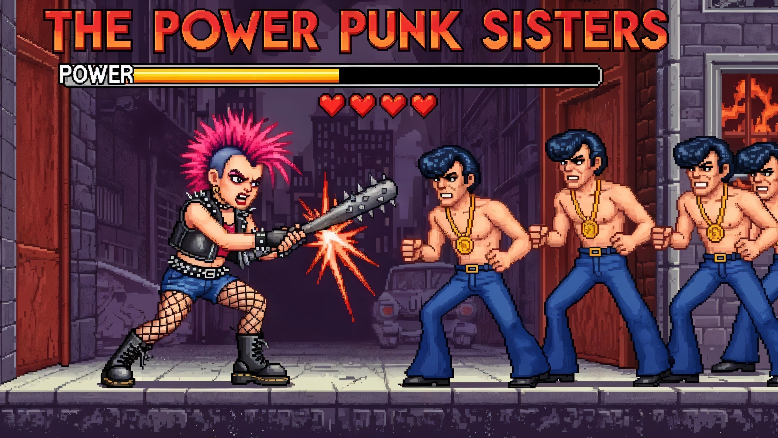 Pixel Art Video Game Scene of Power Punk Sisters