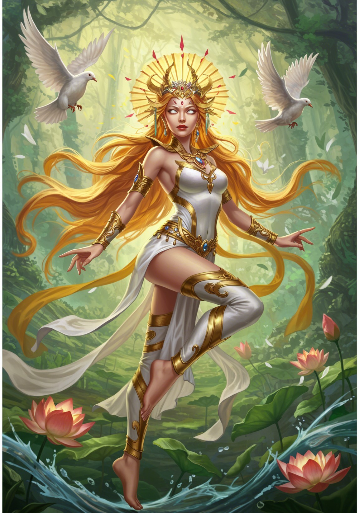 Mystical Figure Surrounded by Lotus Flowers and Doves