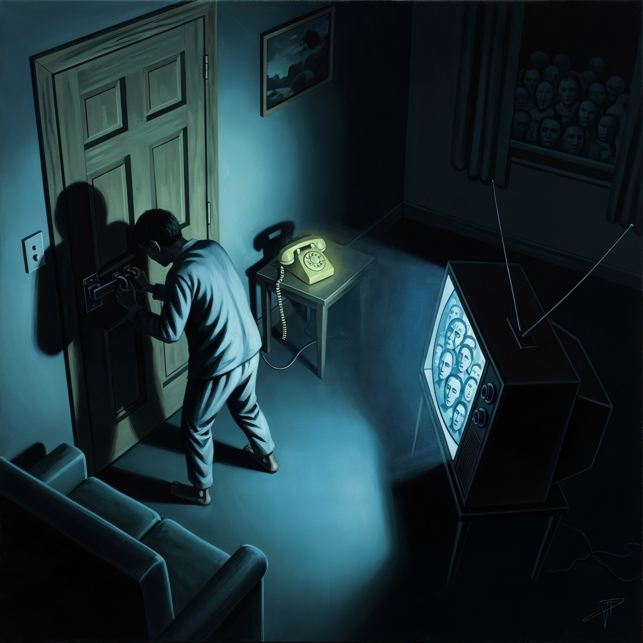 Anxious man in pajamas observes eerie static scene