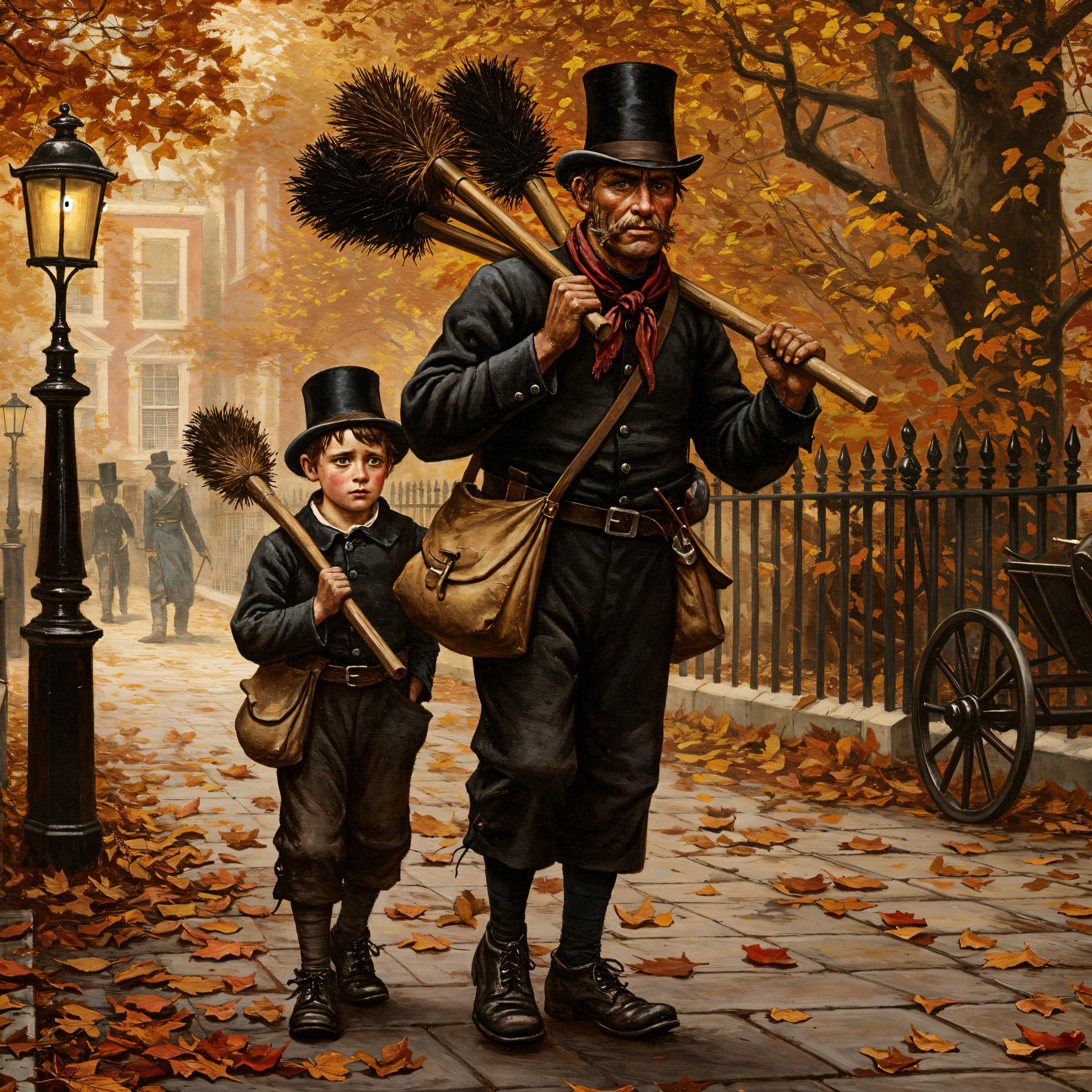 Chimney Sweep and Apprentice in Autumn Setting