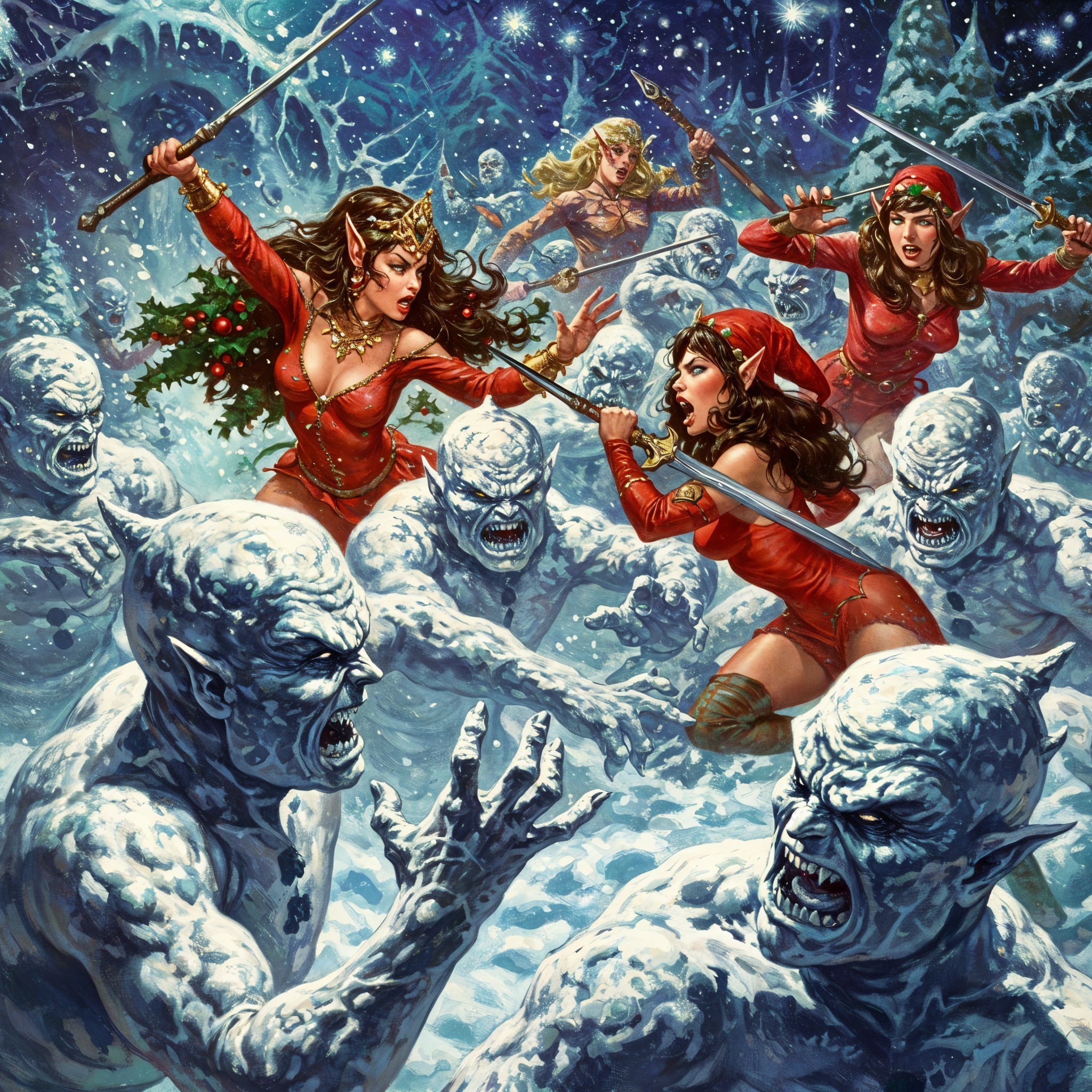 Female Warriors Battle Snowmen in Festive Landscape
