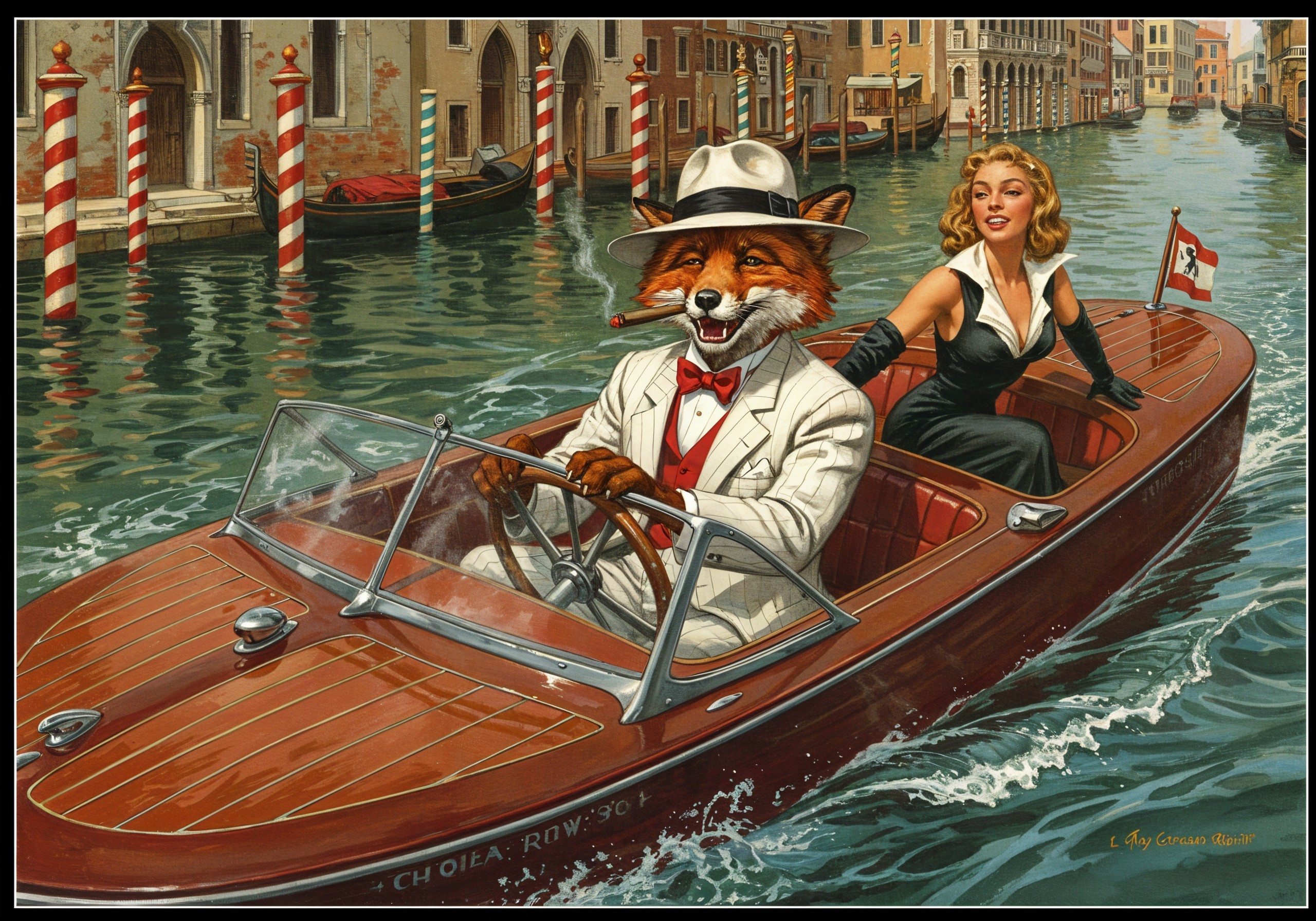 Fox in Suit Navigates Vintage Boat in Venetian Canal