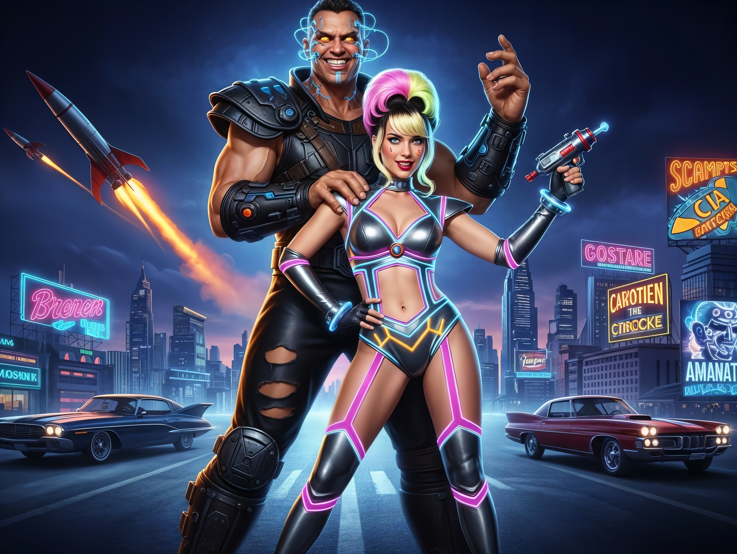 Futuristic couple in a vibrant cyberpunk city scene