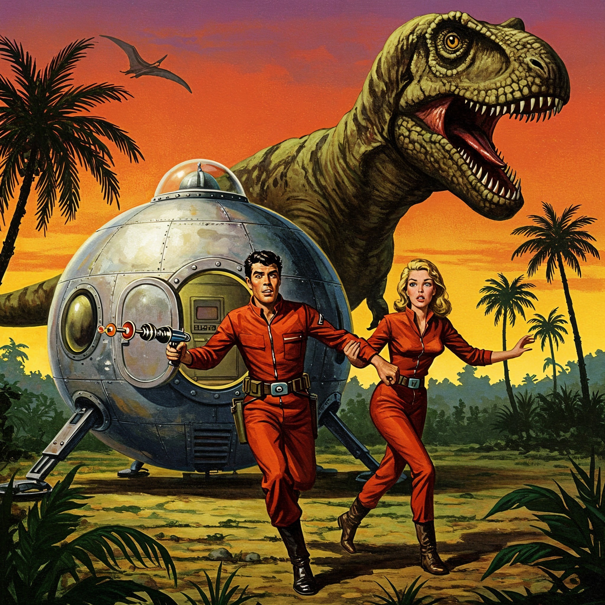 Prehistoric Jungle Scene with T-Rex and Spacecraft