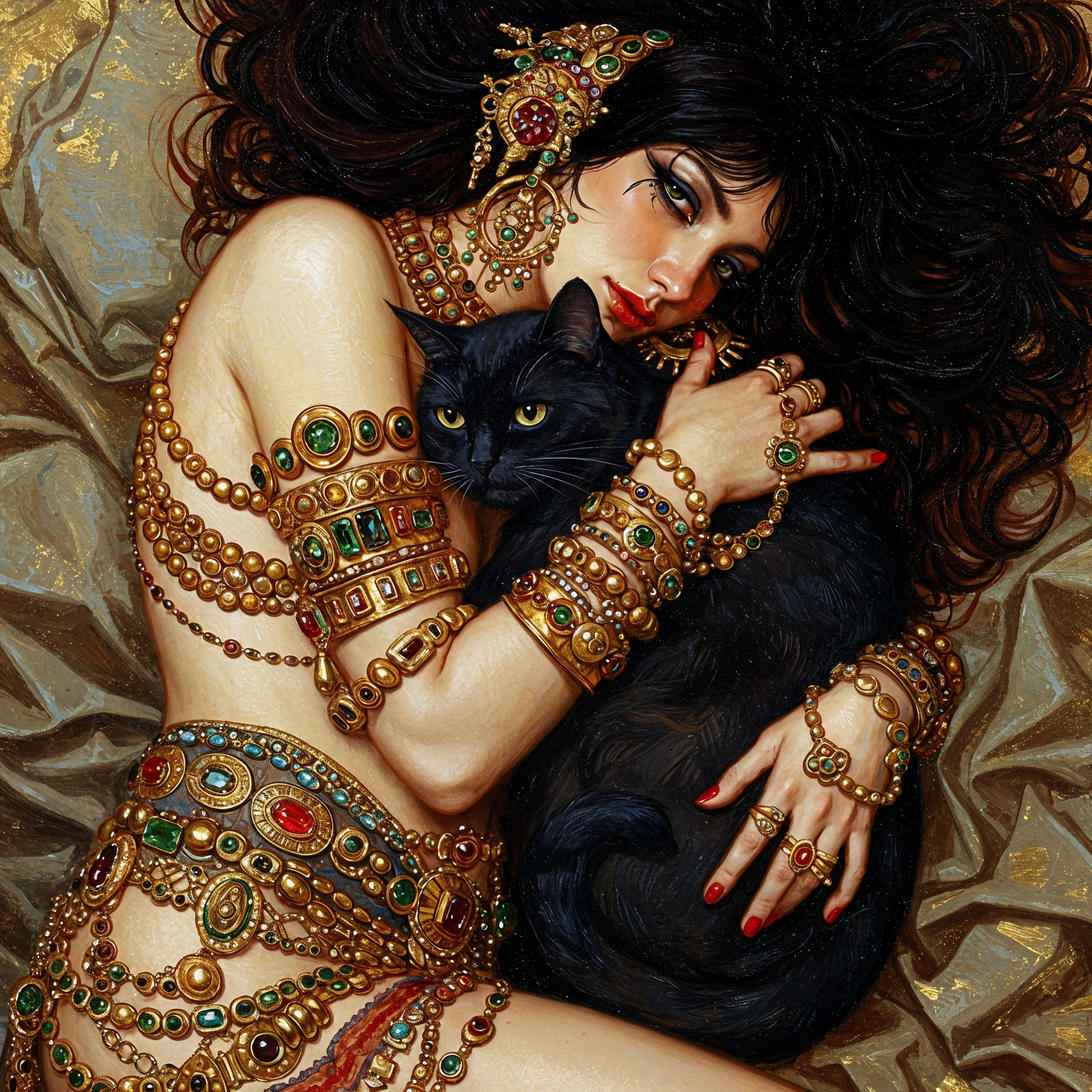 Elegant Woman with Jewelry and Black Cat in Luxe Setting