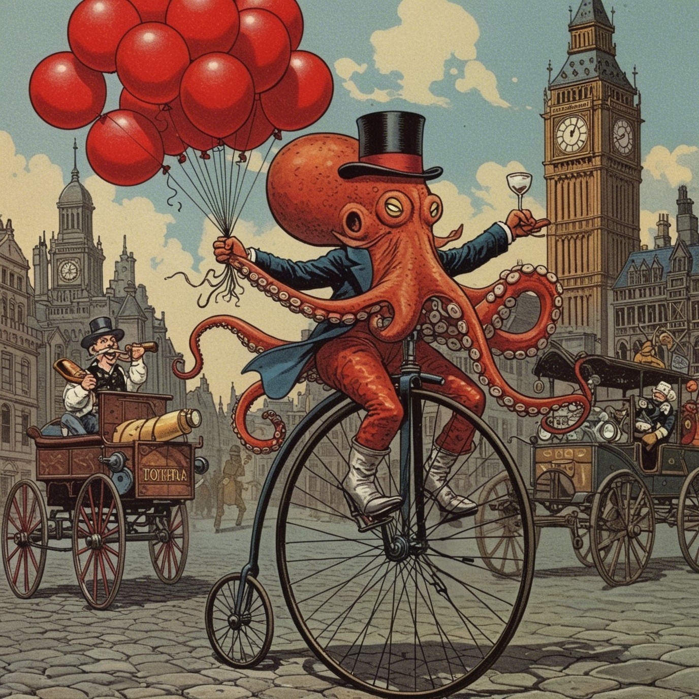 Animated Octopus on Penny-Farthing in London Scene