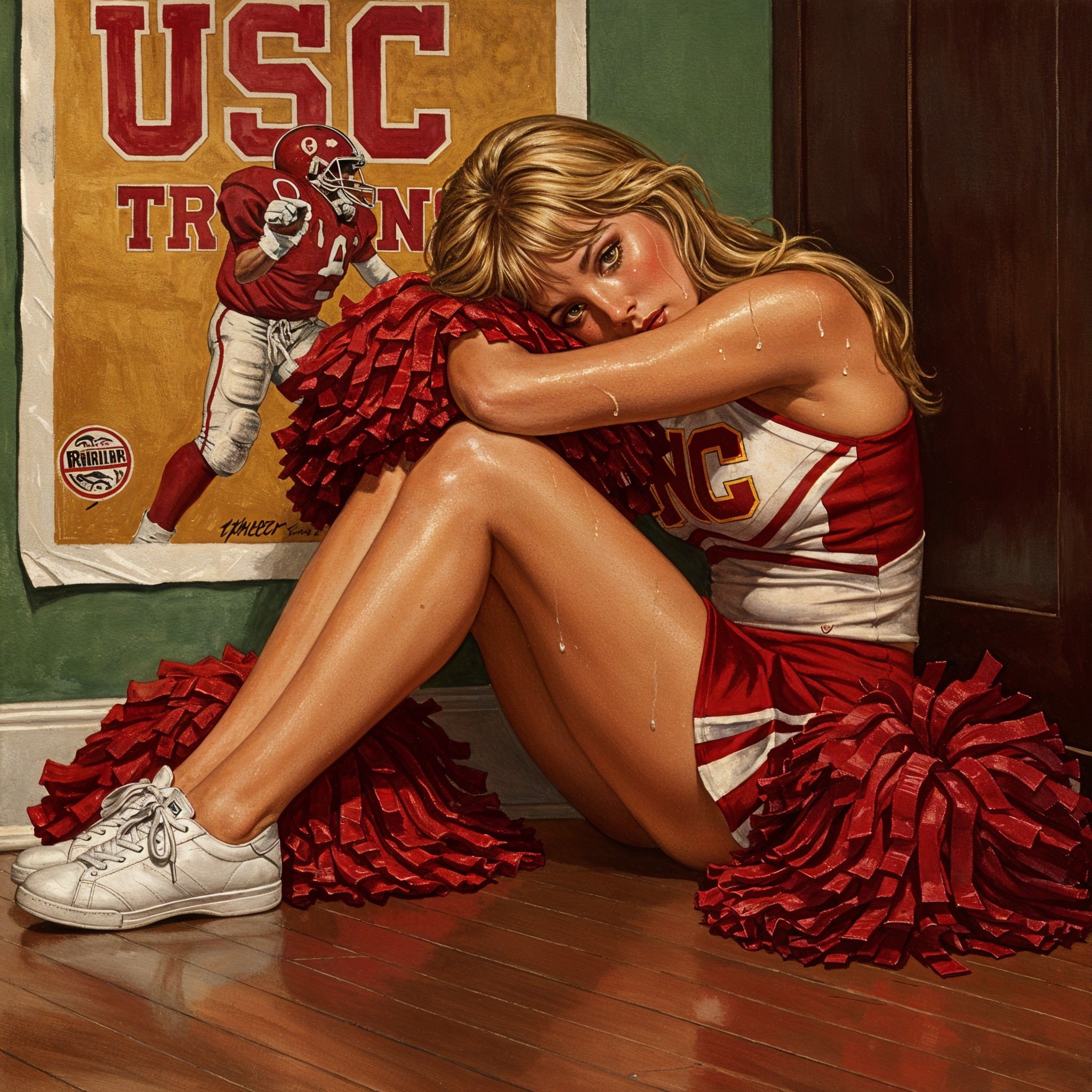 Young Cheerleader in USC Uniform with Pom-Poms
