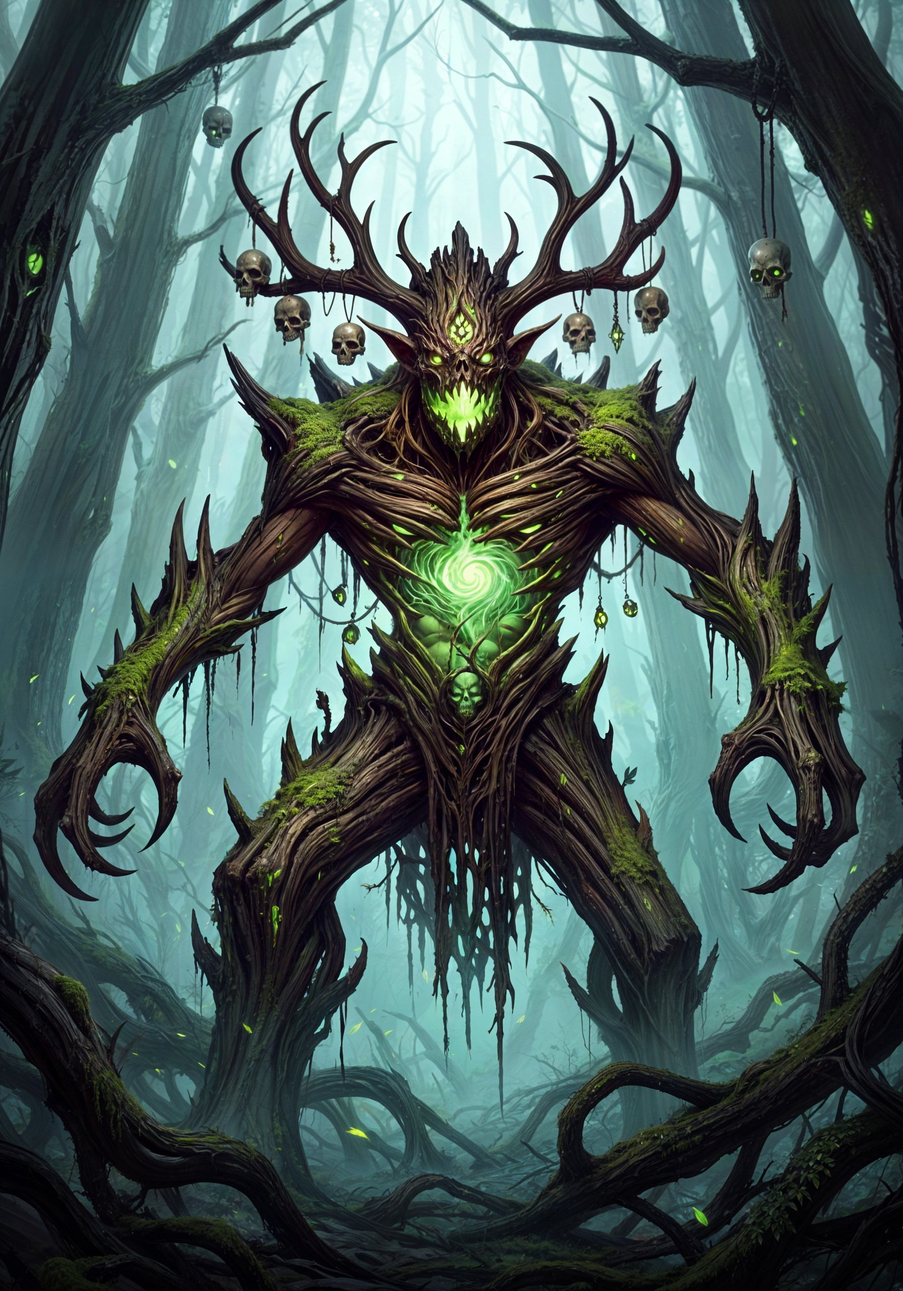 Sinister Wooden Figure in a Misty Forest Setting