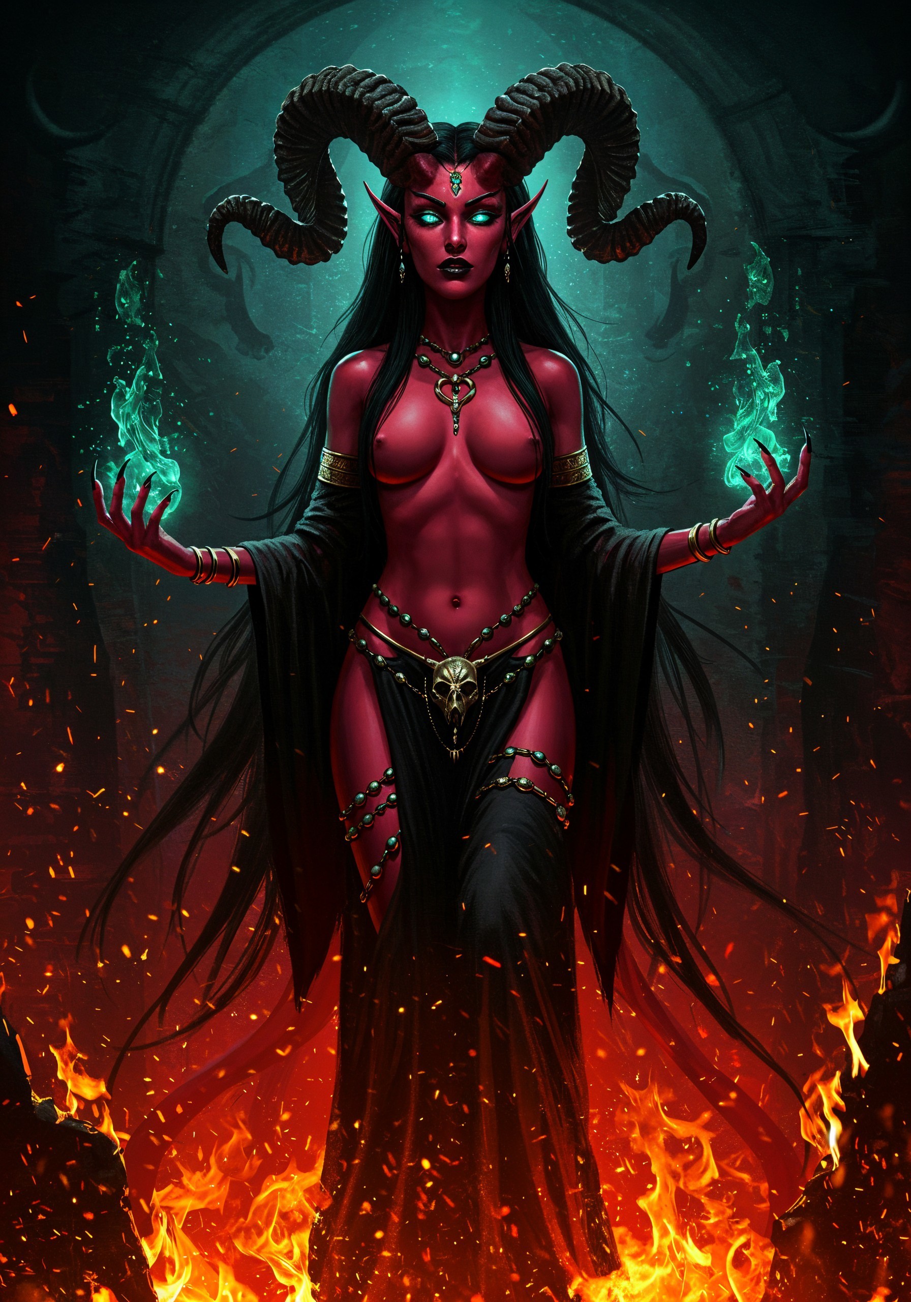 Female figure in dark attire amidst flames and energy orbs