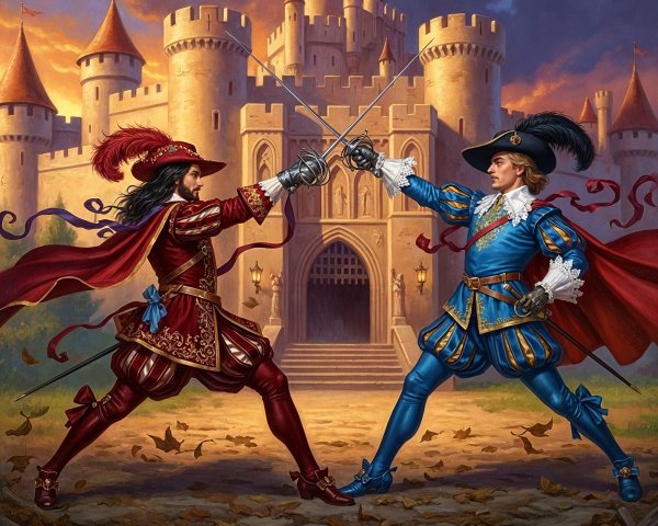Duelists in Elegant Attire Fight at Sunset Castle