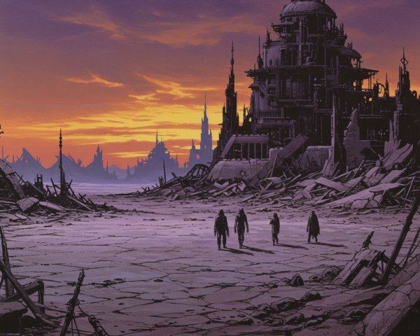 Desolate Landscape with Figures Approaching Ruined City