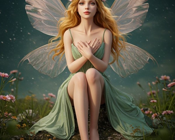 Fairy in a Flower Field with Translucent Wings