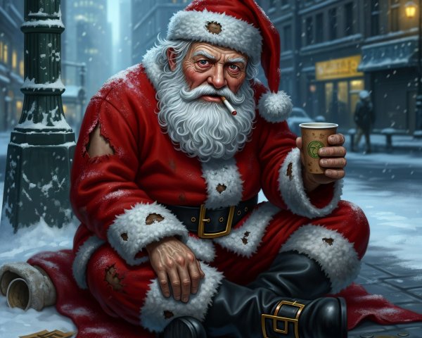 Rugged Santa Claus on a snowy city street scene