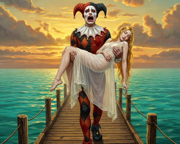 Dramatic Sunset Scene with Jester and Serene Woman