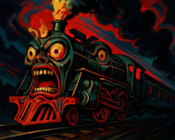 Angry Cartoon Demonic Train Engine in Dark Setting
