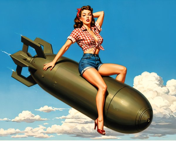 Retro-Inspired Woman in Playful Pose on Bomb