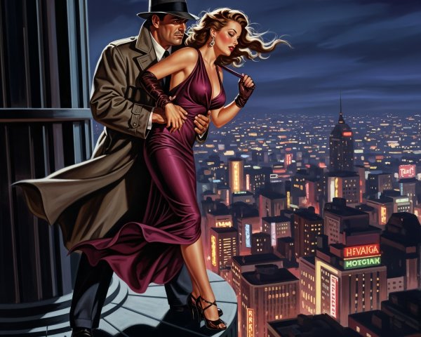 Dramatic Nighttime Urban Skyline with Couple Embrace