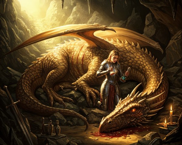 Golden dragon and knight in a treasure-filled cave