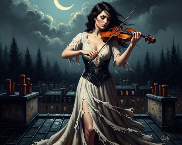 Young Woman in Tattered Dress Playing Violin at Night
