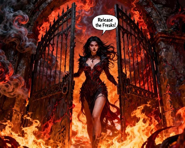 Evil Woman in Gothic Dress by Fiery Gates