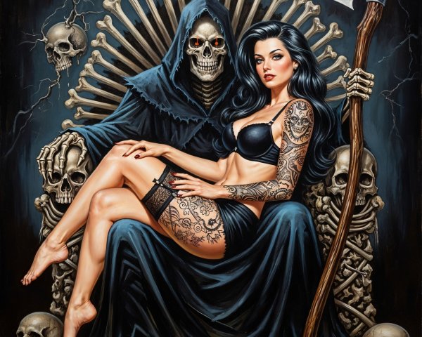 Gothic Artwork of Woman and Menacing Skeletal Figure