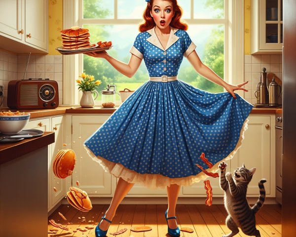 Cozy Kitchen Scene with Pancakes and a Curious Cat