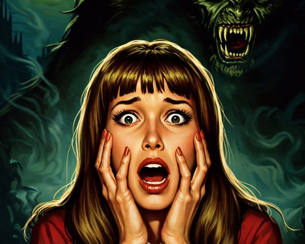 Terrified Woman and Menacing Creature Under Full Moon