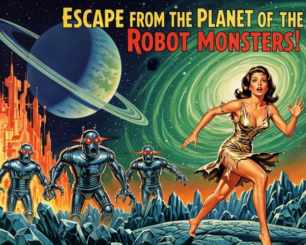 Retro Sci-Fi Scene with Alien Landscapes and Robots