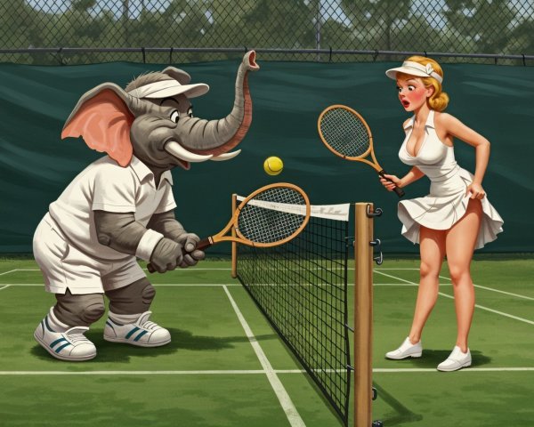 Cartoon Tennis Match Between Elephant and Woman