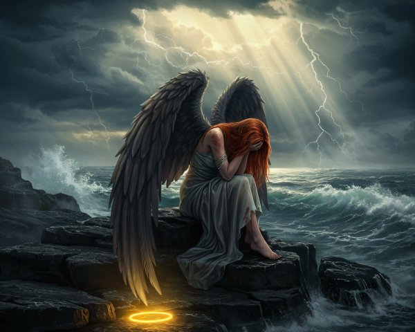 Somber angel with dark wings by turbulent sea