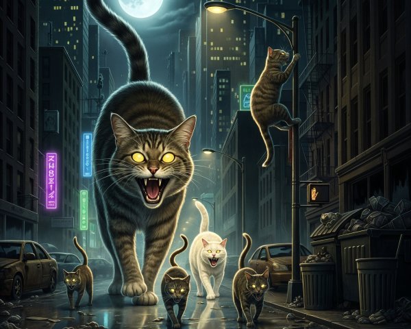 Giant Cat Dominates Smaller Cats in Urban Night Scene