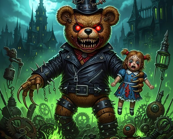 Sinister Teddy Bear in Gothic Landscape at Night