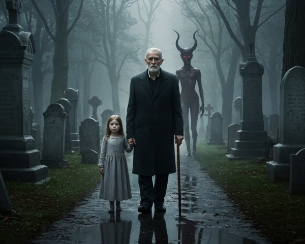 Elderly man and girl in foggy graveyard with tombstones