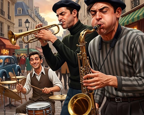 Jazz Musicians in a Vibrant Parisian Street Scene