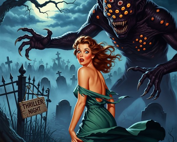 Eerie Graveyard Scene with Monstrous Creature Encounter