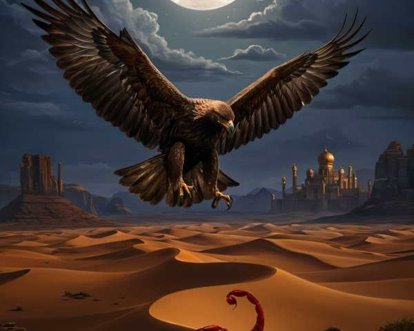 Eagle and Scorpion in a Moonlit Desert Landscape