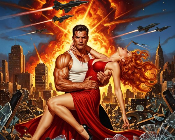 Muscular Hero and Woman in Urban Explosion Scene