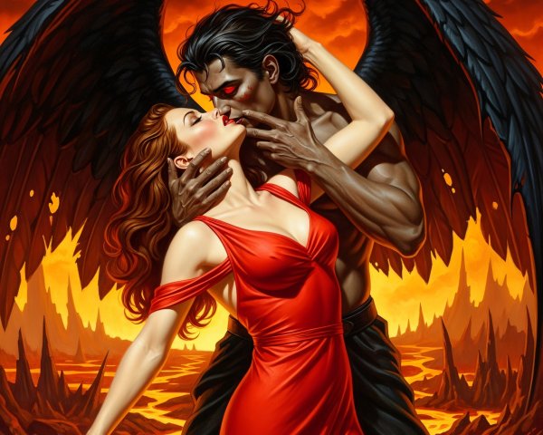 Succubus and Dark Angel Embrace in Fiery Hellscape
