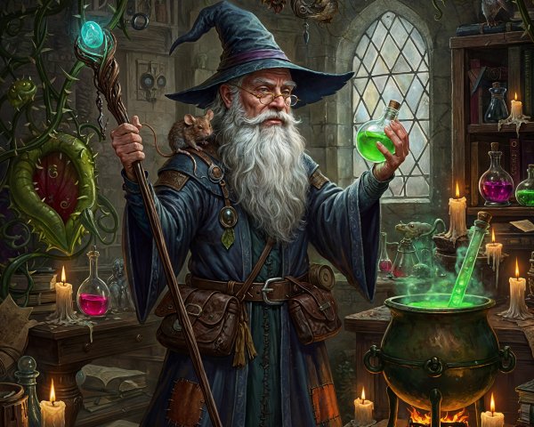 Old Wizard in Alchemy Lab with Glowing Potion