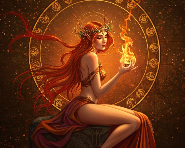 Mystical Woman with Red Hair Surrounded by Intricate Designs