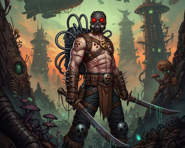 Dystopian Steampunk Warrior with Dual Swords and Goggles