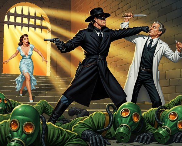 Masked Hero Confronts Scientist in Suspenseful Scene