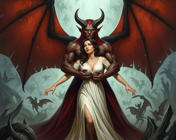 Demon with Horns and Wings Towering Over Woman in White